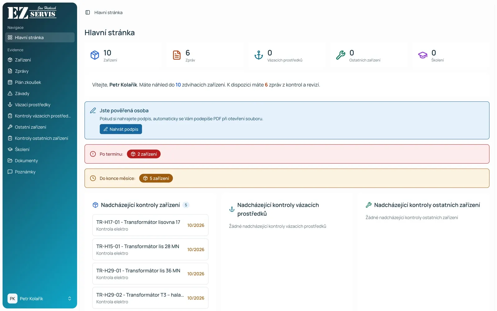 Klientský portál - pověřená osoba vidí termíny i zprávy a podepisuje protokoly v prohlížeči