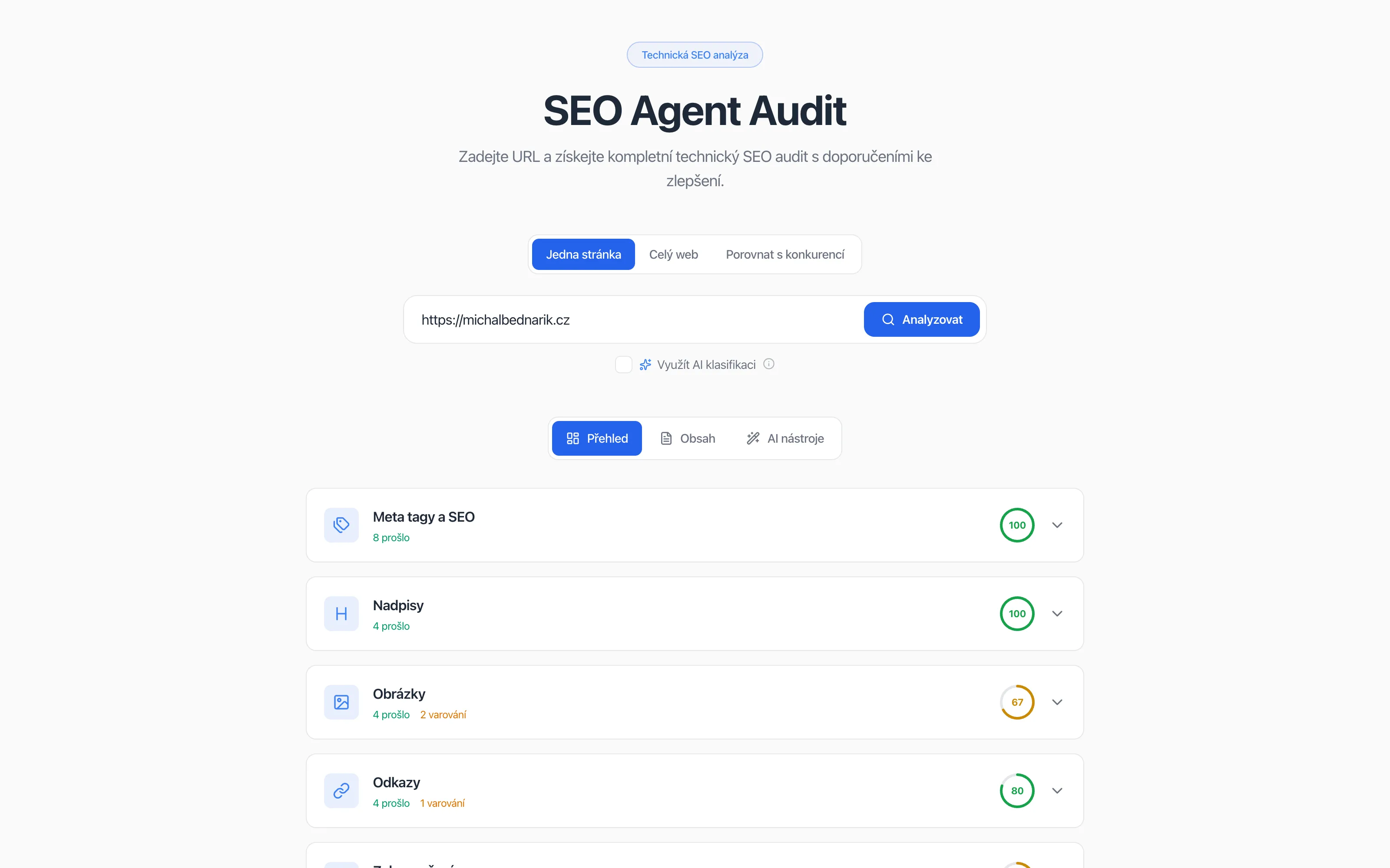 Náhled projektu SEO Audit Tool - technický audit webu za pár sekund