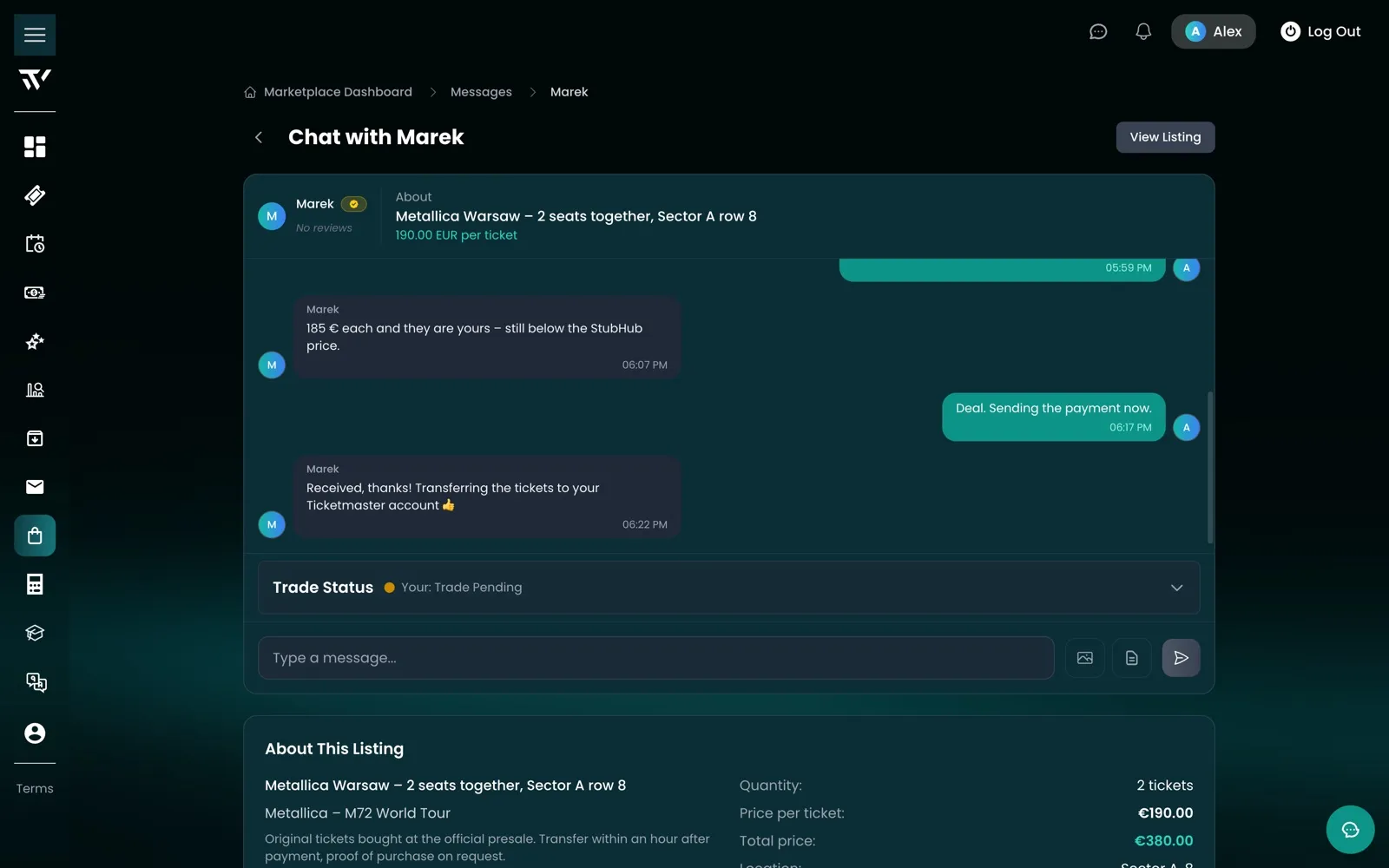 Realtime chat nad konkrétní nabídkou, se stavem obchodu pro obě strany