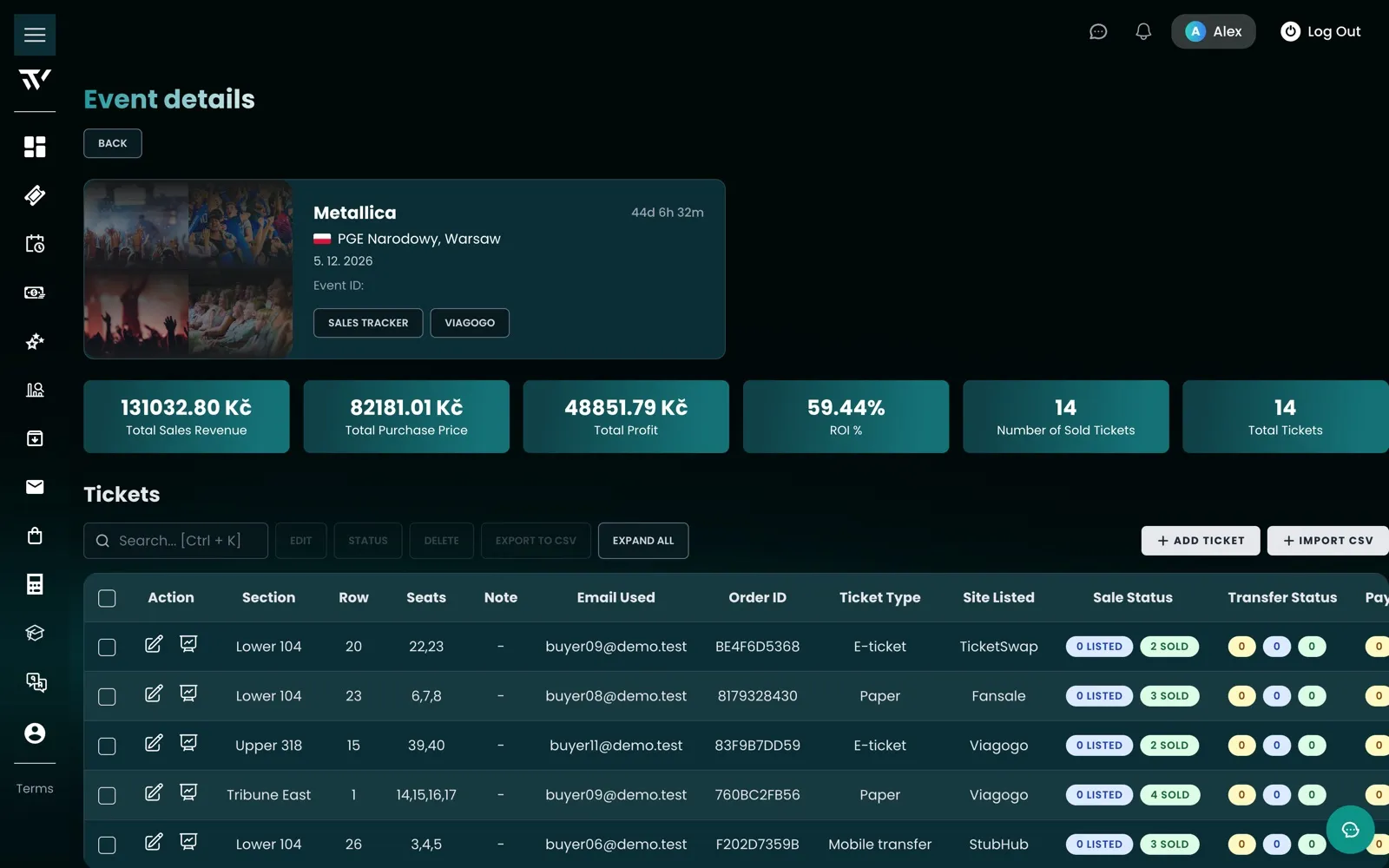 Detail eventu - sedadla, stavy prodeje, nákupní zdroje a zisk na jeden event