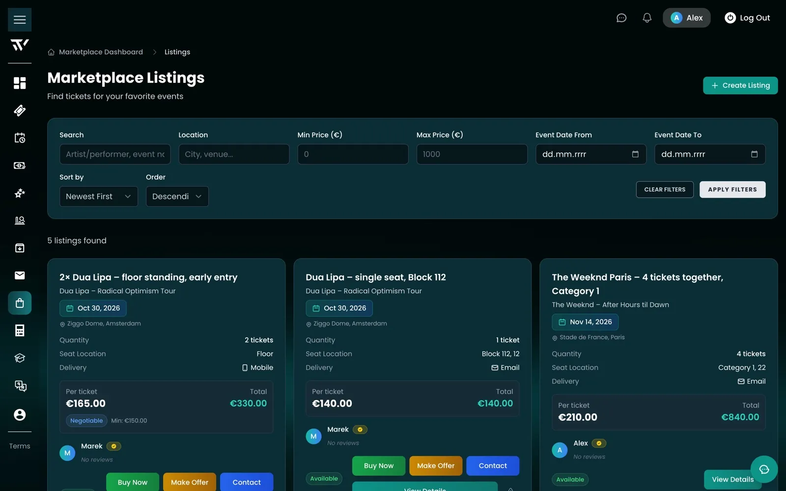 Interní marketplace - ověřené nabídky vstupenek s možností nabídnout cenu
